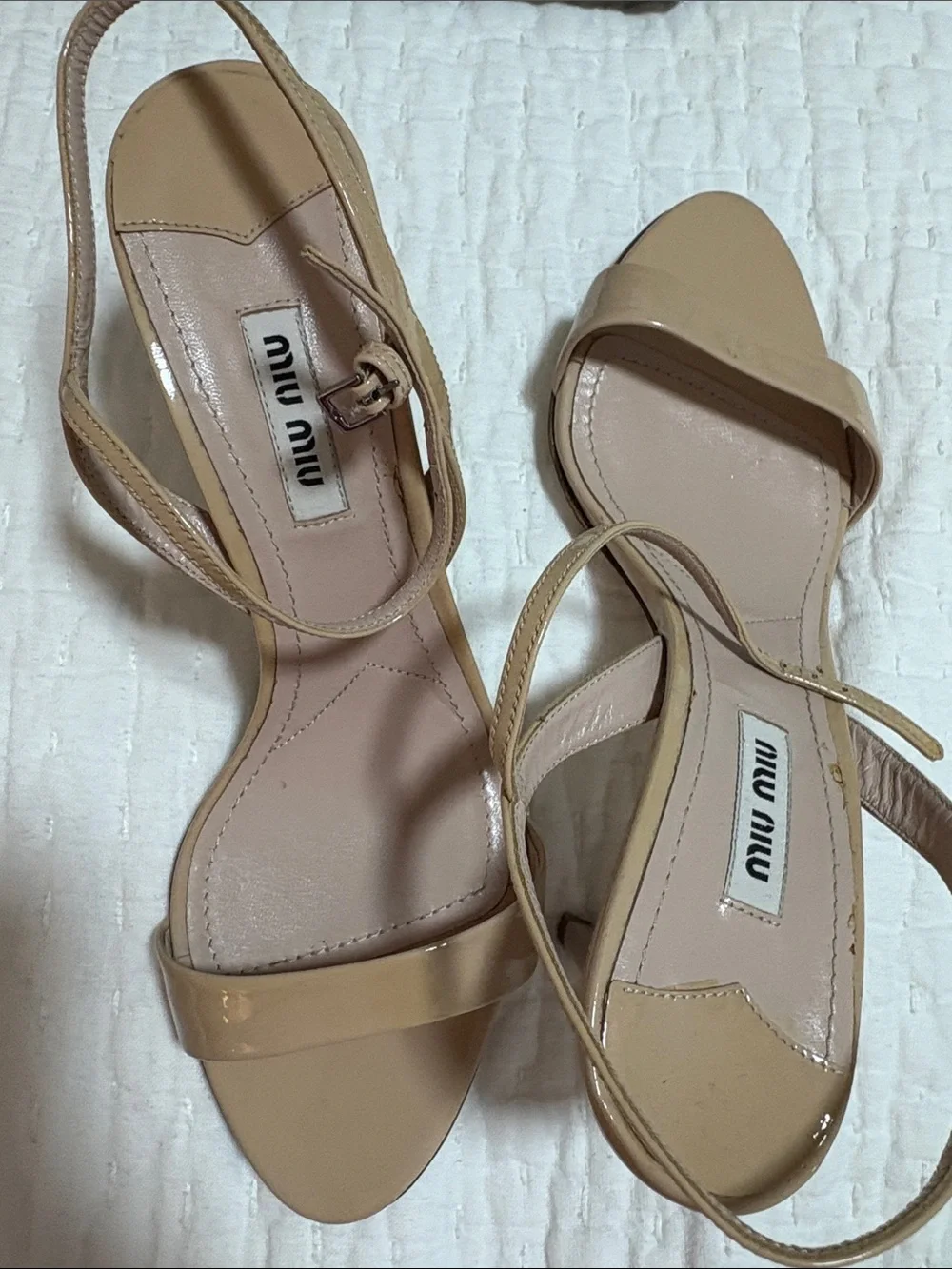 Miu Miu Beige Patent Leather Ankle-Strap Heels